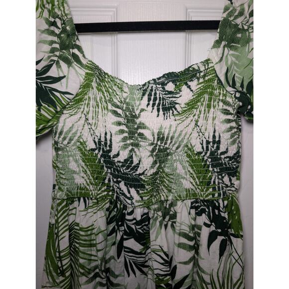 Tropical Palm Print Mini Dress Size S | Off Shoulder Smocked Puff Sleeve Japna - Picture 8 of 10